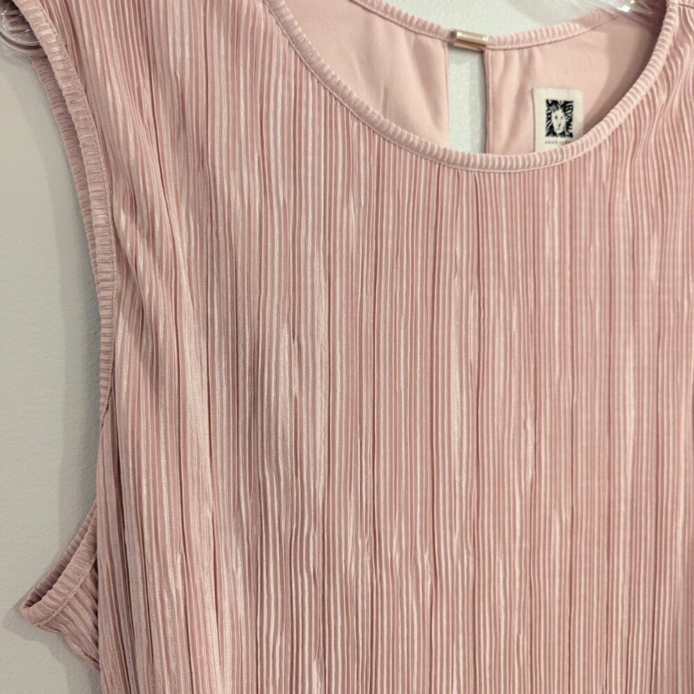 ANNE KLEIN Nwt Crinkled Satin Blush Dress 16 Sleeveless Waist Tie Midi Length - Picture 3 of 12